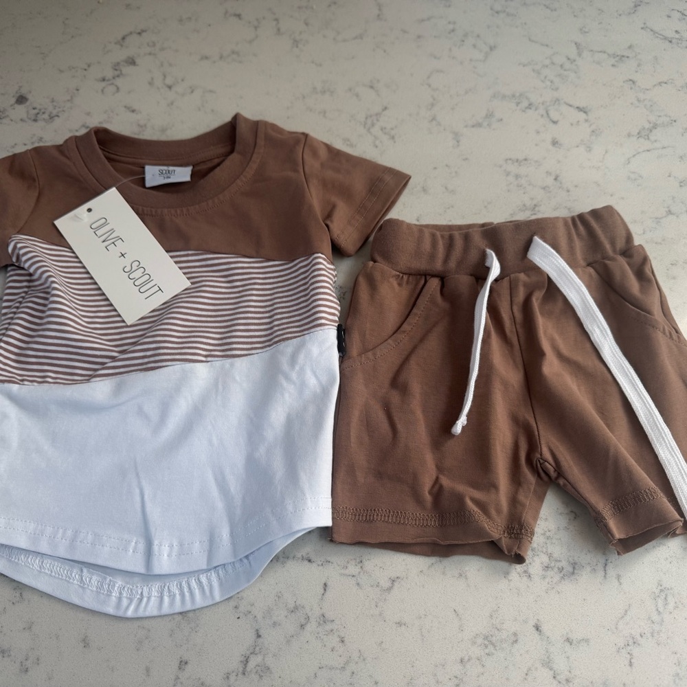 NWT Olive + Scout 3-6monthBrown and White Kids Shirt & Shorts Set